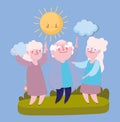 Happy grandparents day, grandpa and grandmothers dancing in the park cartoon