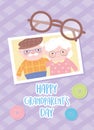 Happy grandparents day, grandpa and granny together photo with glasses and buttons decoration cartoon card