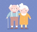 Happy grandparents day, grandpa with walk stick and grandma character cartoon card Royalty Free Stock Photo