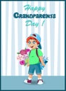 Cartoon vector illustration of cute grandson boy with bunch of flowers and gift box for grandma and grandpa Royalty Free Stock Photo