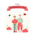 Happy Grandparents Day Greeting Card. Elderly couple embracing with love. Vector Illustration for card, postcard, poster, banner