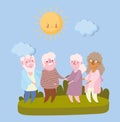Happy grandparents day, group elderly grandfathers and grandmothers in the park cartoon