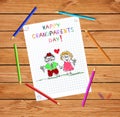 Happy grandparents day kids hand drawn greeting card with grandpa and grandma together.