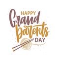 Happy Grandparents Day message written with cursive font and decorated by ball of yarn and knitting needles. Handwritten