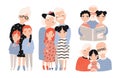 Happy grandparents with grandchildren set. Hand drawn cartoon illustrations collection.