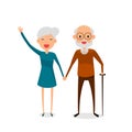 Happy grandparents holding hands standing full length smiling with walking stick. Retired elderly senior age couple.