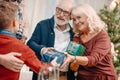 happy grandparents presenting beautiful gifts Royalty Free Stock Photo