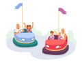 Happy grandparents ride electronic cars with children in amusement park