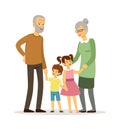 Happy grandparents. Smiling elderly woman man with children. Family time, isolated cartoon old people and young kids Royalty Free Stock Photo