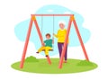 Happy Grandson Kid Having Fun On Swing With Grandmother.