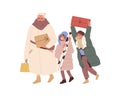 Happy granny and kids go with Christmas gifts in hands after winter shopping. Grandmother and children walk and hold