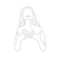 Happy grateful woman silhouette with hands on her chest and grateful gesture on face. Continuous line drawing vector