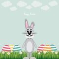 Happy gray bunny colorful eggs daisy meadow