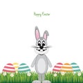 Happy gray bunny colorful eggs daisy meadow isolated