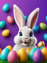 Happy gray Easter bunny on the purple background, surrounded by painted easter eggs