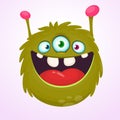 Happy green cartoon horned monster alien with three eyes. Halloween vector illustration