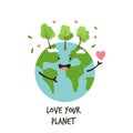 Happy green Earth planet and text Love your planet Royalty Free Stock Photo