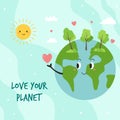 Happy green Earth planet and text Love your planet Royalty Free Stock Photo