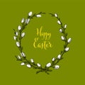Happy green Easter minimalistic card template with frame made of catkin