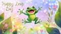 Happy green frog jumping on a pastel spring background with the text \