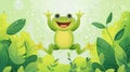 A happy green frog leaps on the air above the leaves, 29 February Leap Year Day Concept