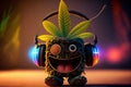 Happy green marijuana leaf enjoying music with headphones isolated on cinematic blurred backgroun