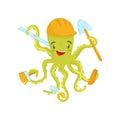 Happy green octopus with working tools in tentacles and protective helmet on head. Flat vector design for career day