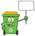 Happy Green Recycle Bin Cartoon Mascot Character Holding Up A Blank Sign Royalty Free Stock Photo