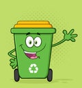 Happy Green Recycle Bin Cartoon Mascot Character Waving For Greeting.