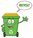 Happy Green Recycle Bin Cartoon Mascot Character Waving For Greeting With Speech Bubble And Text Recycle