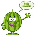 Happy Green Watermelon Fruit Cartoon Mascot Character Waving With Speech Bubble