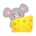 Happy grey mouse character with big ears holding in paws yellow cheese slice. Vector illustration in the flat cartoon