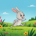 Happy Grey Rabbit Running in a Green Spring Field Royalty Free Stock Photo