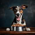 A happy Greyhound dog puppy eagerly eating its kibble from a bowl by AI generated Royalty Free Stock Photo