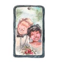 Happy groom with bride in tablet, wedding online