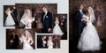 Happy groom and the charming bride with a bouquet from roses in studio on a brown background