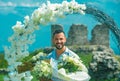 Happy Groom smiling. Attractive male model on party, comes to congratulate, celebrates festive event. Man with holiday Royalty Free Stock Photo