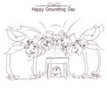 Happy Groundhog day card with group of men in cylinder hats and Royalty Free Stock Photo