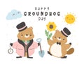 Happy groundhog day with cheerful cartoon groundhogs predicting weather