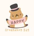 Happy groundhog day with cheerful cartoon groundhog hodling banner