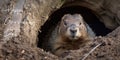 Happy Groundhog Day - Cute groundhog waking up and coming out of his burrow to check the weather