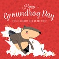 Happy Groundhog Day design with cute marmot stand on green grass, prediction of weather, animal climbed out of ground