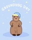 Happy groundhog day greeting card with cute wild animal and cartoon hand drawing doodle elements on blue background, editable