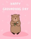 Happy groundhog day greeting card with cute wild animal and cartoon hand drawing doodle elements on pink background, editable