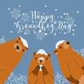 Happy Groundhog Day greeting card. Happy marmot Day Typographic Vector Design with Cute Groundhog Character - Advertising Poster Royalty Free Stock Photo