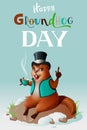 Happy groundhog day greeting card template lettering text. Cute groundhog in hat drinks invigorating coffee