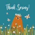 Happy Groundhog Day greeting card. Happy Groundhog Day Typographic Vector Design with Cute Groundhog Character - Think Spring Royalty Free Stock Photo