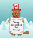 Happy Groundhog day greeting card or a vertical banner. Cartoon design with a cute little beast in a Canada flag hat on Royalty Free Stock Photo