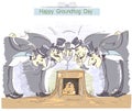 Happy Groundhog day with group of men in cylinder hats and marmot Royalty Free Stock Photo