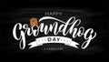 Happy Groundhog Day. Hand drawn lettering text with cute groundhog. 2 February. Vector illustration.